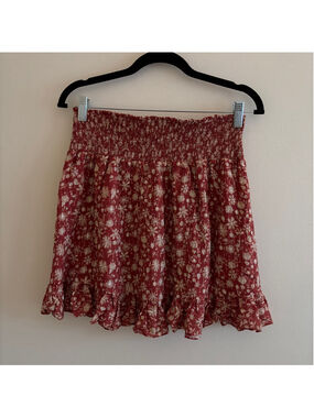 Women's INTERMIX Red Beige Floral Smocked Mini Skirt M